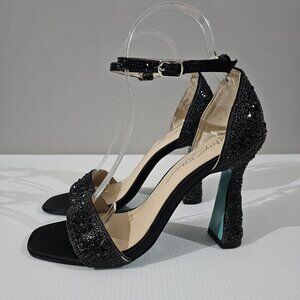 Blue By Betsey Johnson Dani Sandal Flared Heel Black Rhinestone Sparkle Size 7